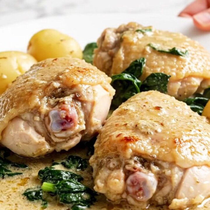 A slow cooker filled with creamy chicken thighs, artichoke hearts, and baby potatoes in a white sauce.