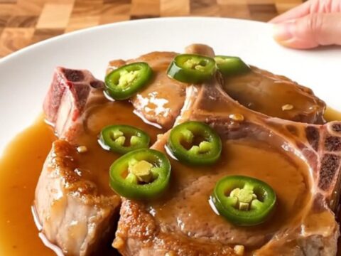 Slow cooker cowboy candy pork chops served on a white plate with a glossy sauce.