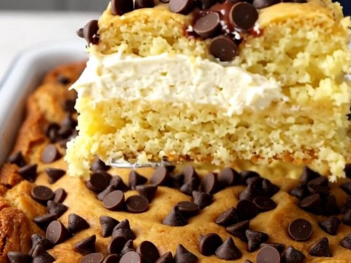 A top-down view of a golden-brown Chocolate Chip Gooey Butter Cake in a white rectangular baking dish.