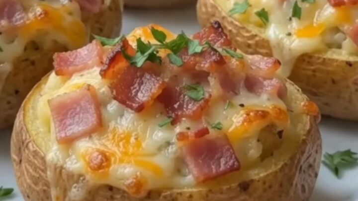 Two loaded potato halves topped with melted cheddar cheese and crispy bacon on a white platter