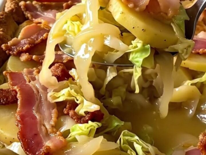 A rectangular ceramic dish filled with layers of tender cabbage, sliced gold potatoes, and crispy bacon.