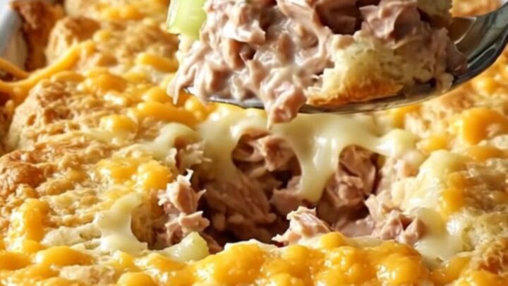 A golden, bubbling tuna melt biscuit bake in a white ceramic dish.