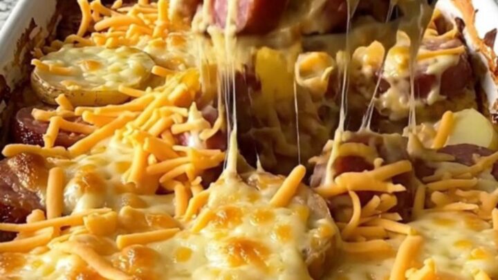 A golden, bubbling pimento cheese and kielbasa potato casserole in a white ceramic dish.