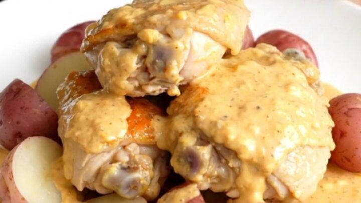 A close-up of creamy Chesapeake chicken thighs and baby red potatoes served on a white plate.