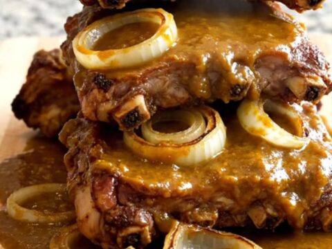 Close-up view of cooked pumpkin barbecue spareribs arranged on a wooden board with a glossy sauce.