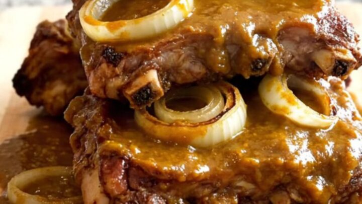 Close-up view of cooked pumpkin barbecue spareribs arranged on a wooden board with a glossy sauce.