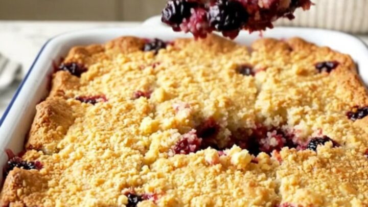 A warm blueberry lemon dump cake in a white rectangular baking dish with a golden crust and bubbling berries.