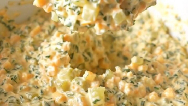 A creamy, warm slow cooker fried pickle dip in a white bowl with a spoon, showing melted cheese and pickle bits.