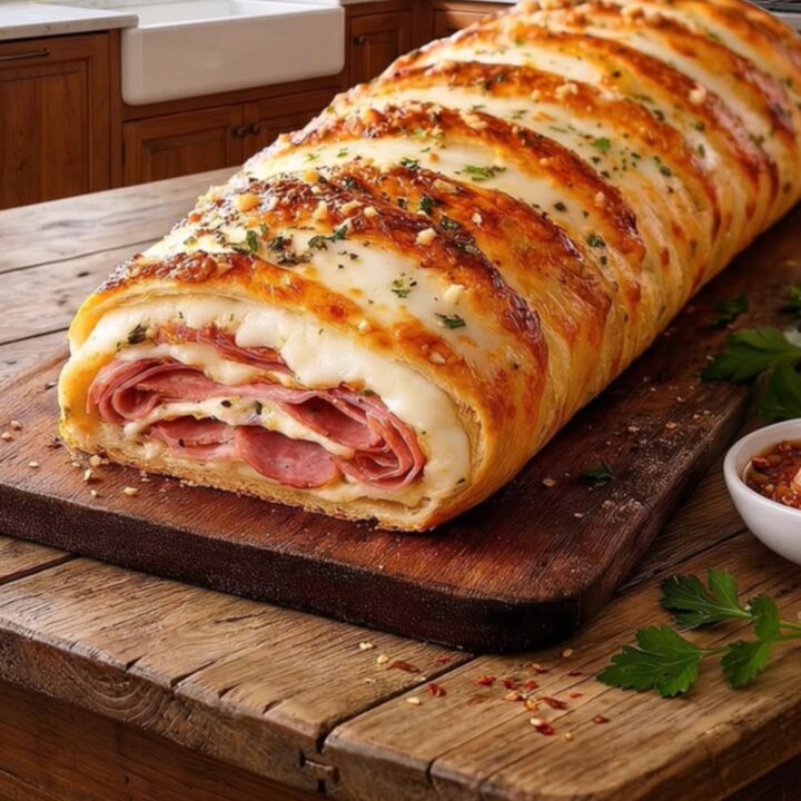 A golden-brown baked stromboli on a rustic wooden board with herbs and dipping sauce.