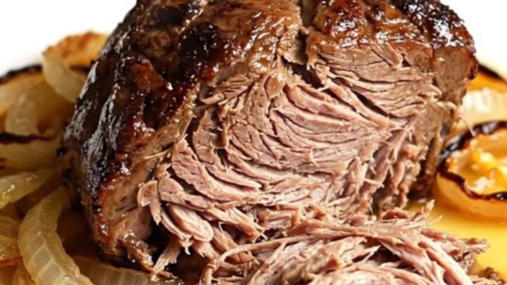 A high-angle shot of a raw beef chuck roast in a black slow cooker insert on a beige countertop.