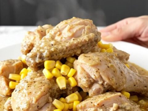 A close-up of tender chicken pieces and corn kernels coated in a thick, creamy peppered gravy, served on a white plate.