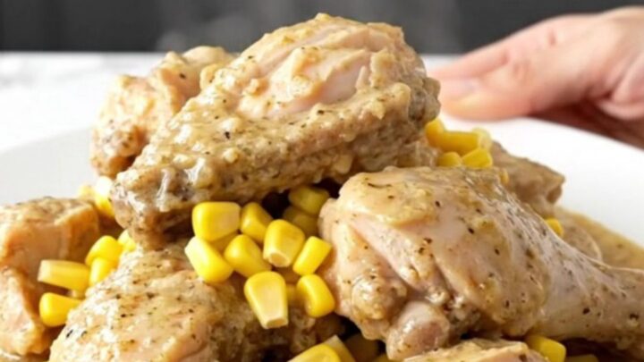 A close-up of tender chicken pieces and corn kernels coated in a thick, creamy peppered gravy, served on a white plate.