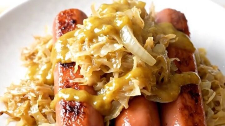 A white ceramic slow cooker filled with hot dogs, sauerkraut, and onions on a butcher block.