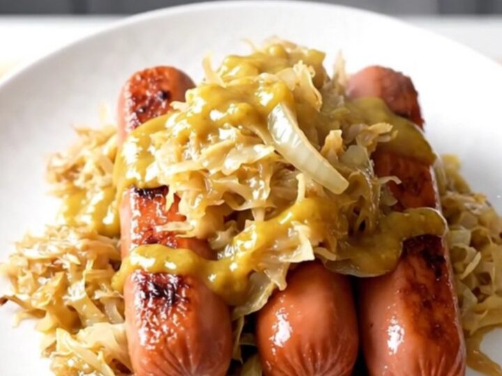 A white ceramic slow cooker filled with hot dogs, sauerkraut, and onions on a butcher block.