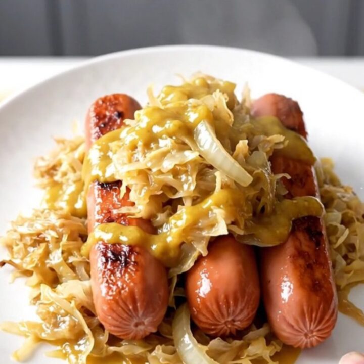 A white ceramic slow cooker filled with hot dogs, sauerkraut, and onions on a butcher block.