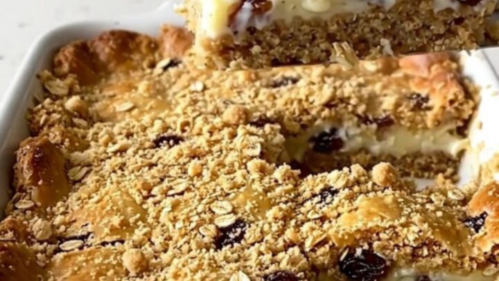 A top-down view of a rectangular baking dish filled with golden brown oat bars.