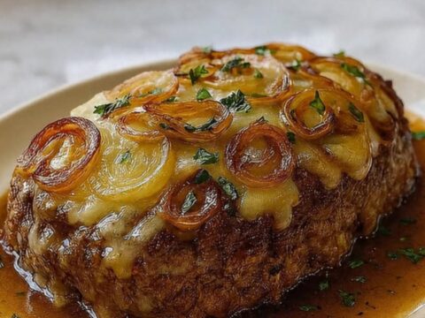 A savory meatloaf topped with melted Gruyere cheese and golden onions on a white plate.