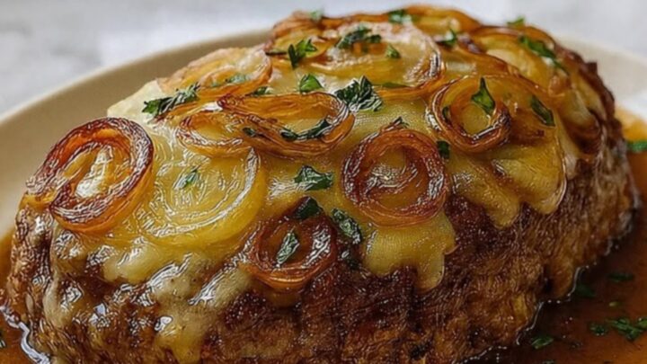 A savory meatloaf topped with melted Gruyere cheese and golden onions on a white plate.