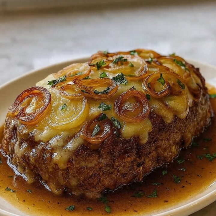 A savory meatloaf topped with melted Gruyere cheese and golden onions on a white plate.