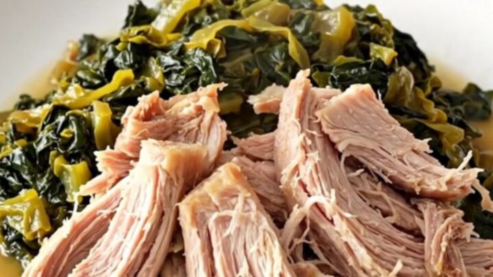 A close-up of a slow-cooked pork roast with collard greens in a black ceramic slow cooker insert.