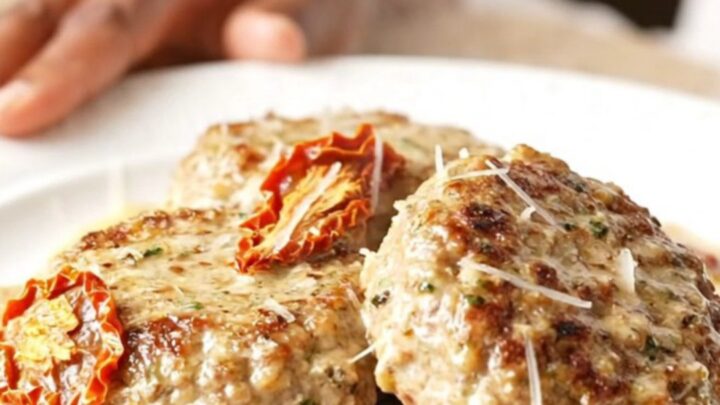 Close-up of slow-cooked turkey burger steaks covered in a creamy parmesan sauce with sun-dried tomatoes.