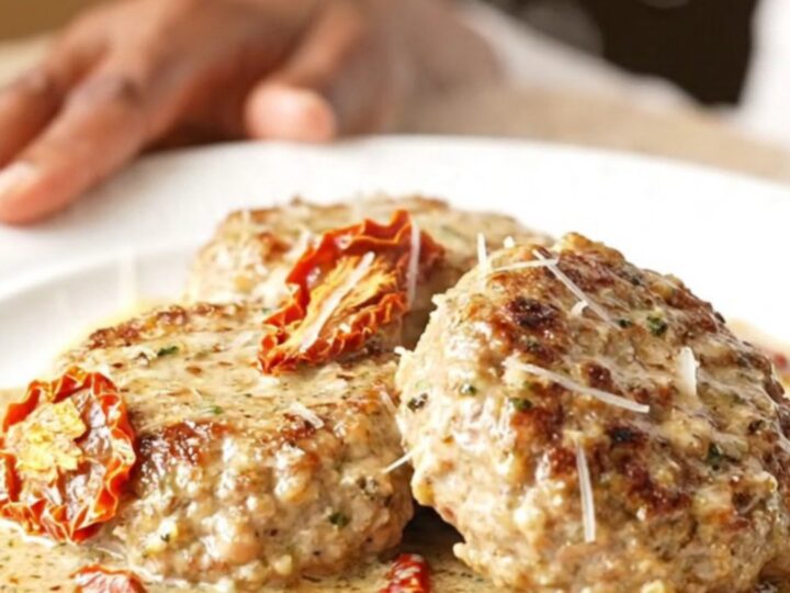 Close-up of slow-cooked turkey burger steaks covered in a creamy parmesan sauce with sun-dried tomatoes.