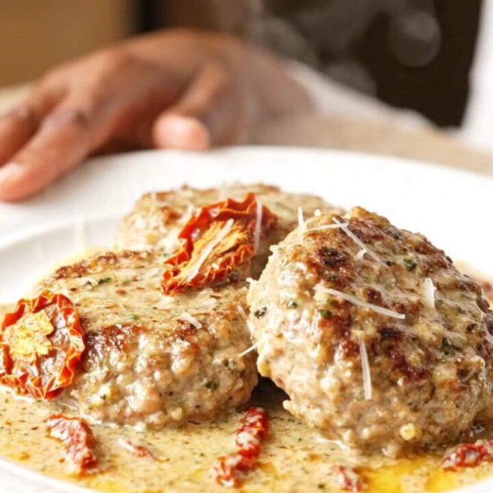 Close-up of slow-cooked turkey burger steaks covered in a creamy parmesan sauce with sun-dried tomatoes.