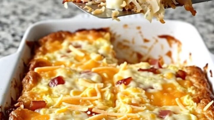 A golden, bubbling Amish bacon and hash brown breakfast casserole in a white rectangular dish.