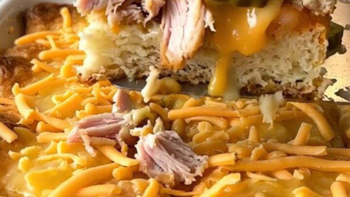 A top-down view of a golden, bubbling dill pickle turkey cheeseburger bake in a white rectangular dish.