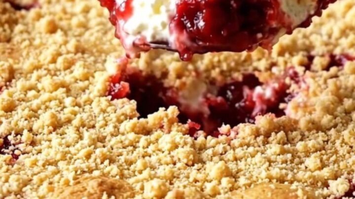 A warm cherry cheesecake dump cake in a white baking dish with a golden crumbly top.