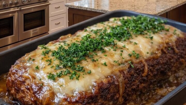 A close-up of a sliced French onion meatloaf topped with golden, melted Gruyère cheese and caramelized onions.