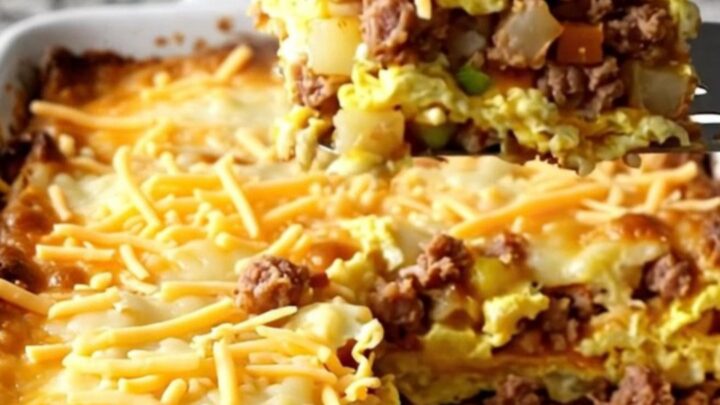 A golden, bubbling Cowboy Breakfast Casserole in a white ceramic dish on a light granite counter.