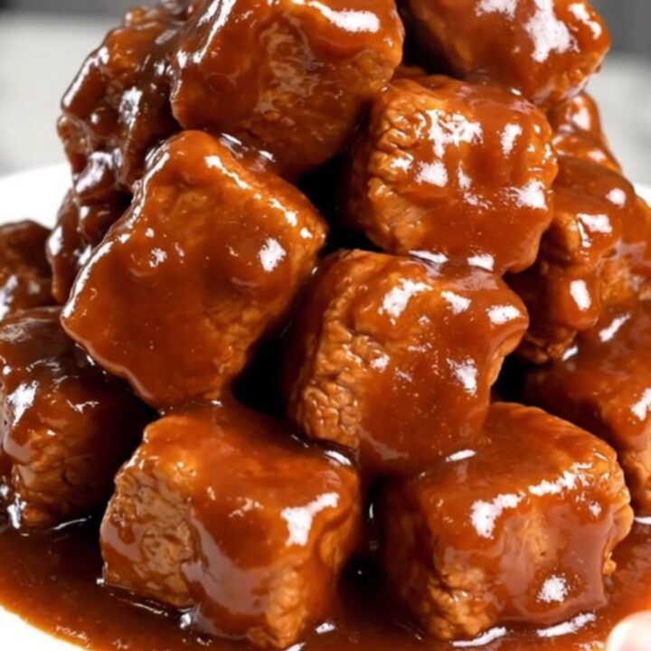 A close-up of tender, saucy pork burnt ends in a slow cooker, featuring a rich, dark glaze and visible spice rub.