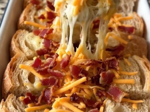 A large rectangular baker filled with golden-brown pull-apart bread topped with melted cheddar and crispy bacon.