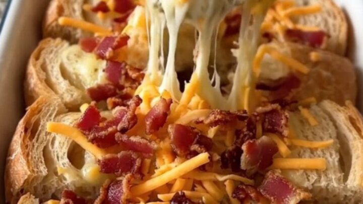 A large rectangular baker filled with golden-brown pull-apart bread topped with melted cheddar and crispy bacon.