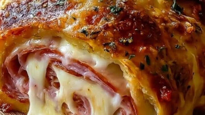 A close-up shot of a golden-brown chicken cordon bleu stromboli sliced on a wooden board