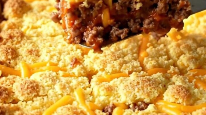 A golden-brown sloppy joe cornbread casserole in a white ceramic dish.