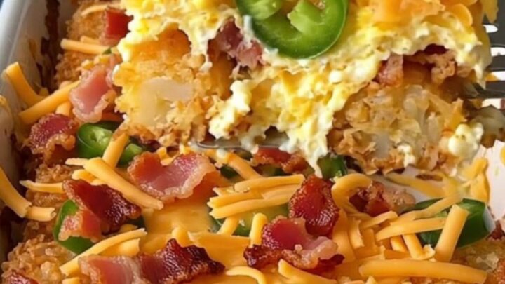 A golden brown potato tot and jalapeno breakfast casserole in a white rectangular baking dish.
