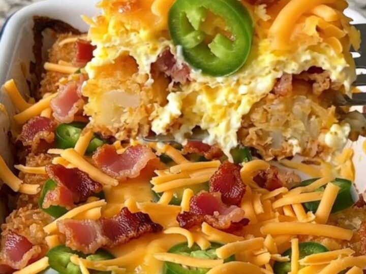 A golden brown potato tot and jalapeno breakfast casserole in a white rectangular baking dish.