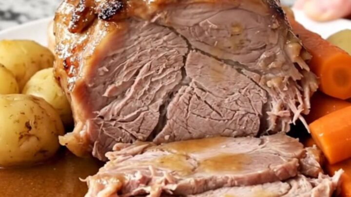 A slow cooker pork loin roast with potatoes and carrots served on a white plate with rich brown gravy.