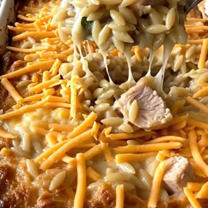 A top-down view of a rectangular ceramic baking dish filled with raw orzo, chicken, and broccoli on a granite countertop.