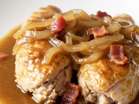 A close-up of tender chicken breasts covered in savory brown gravy, crispy bacon, and soft onions.