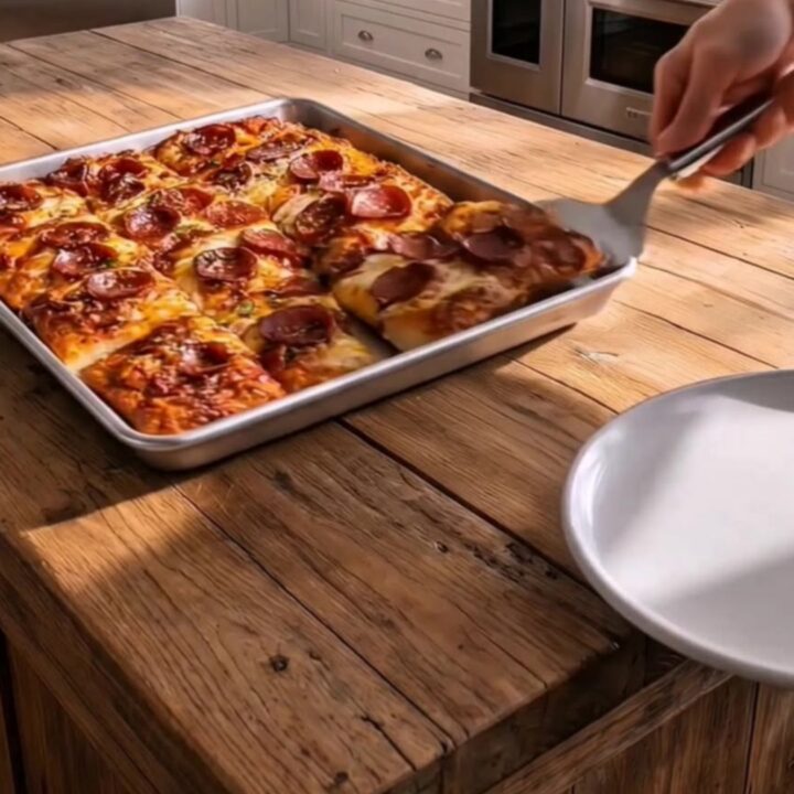 A golden, crispy sheet pan pizza with stretchy melted mozzarella and curled pepperoni slices.