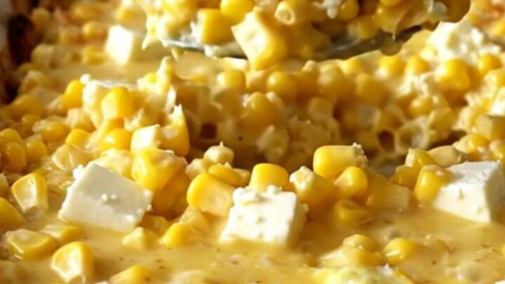 A golden, bubbling honey butter corn casserole in a white ceramic dish on a speckled countertop.