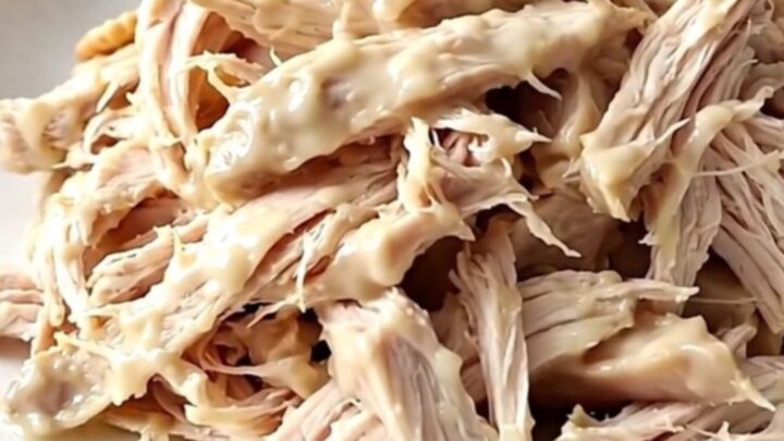 A white oval slow cooker filled with creamy shredded chicken topped with buttery cracker crumbs on a wooden counter.