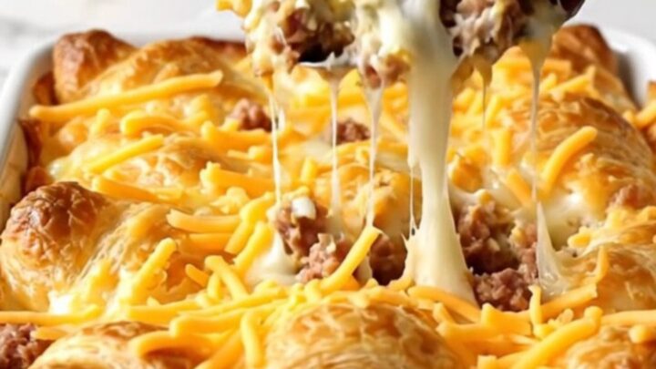 A golden, bubbly sausage and cream cheese crescent bake in a white ceramic dish.