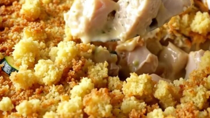 A top-down view of a golden, bubbling chicken and zucchini casserole in a white ceramic baking dish.