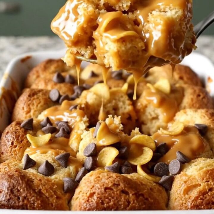 A warm, golden butterscotch monkey bread in a rectangular white ceramic dish, served on a granite countertop.