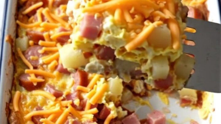 A golden-brown breakfast casserole in a white baking dish on a quartz countertop.