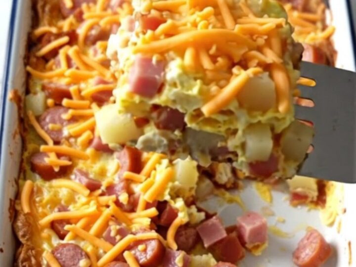 A golden-brown breakfast casserole in a white baking dish on a quartz countertop.